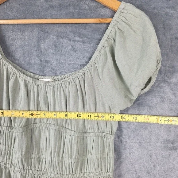 Womens Dress Medium Green Milkmaid Linen Boho Tiered Midi Babydoll Cottagecore - Picture 3 of 8